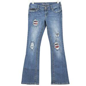 Ariya Jeans Womens Distressed Patch Studded Blue Jeans Size 7/8 Stretch Boot Cut